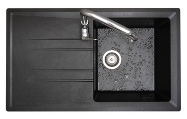 New granite kitchen sink black wash flat lay. After. Drops water. House cleaning service. Top view