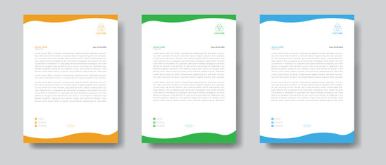 Unique letterhead design for corporate use specially for IT, Finance and Real state company, professional A4 size corporate business letterhead template design with blue, green and yellow color.