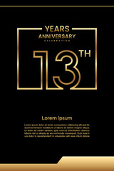 13th Anniversary template design with gold color for celebration event, invitation, banner, poster, flyer, greeting card, book cover. Vector Template