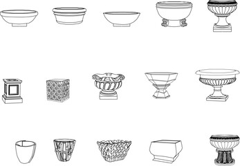 collection of classic cast stone pots illustration vector sketch designs for houseplants