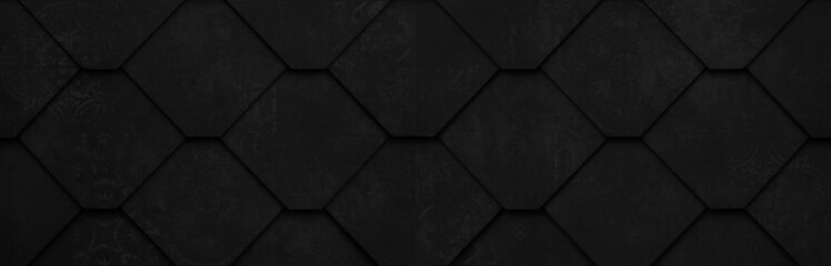 Abstract seamless black anthracite gray grey dark geometric rhombus diamond hexagon 3d damask ornate concrete cement tiles wall texture background banner wide panorama panoramic