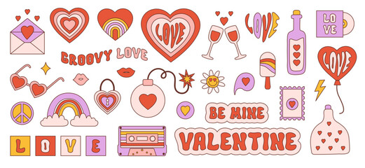 Retro groovy valentines day sticker set in style 60s, 70s. Trendy vintage icons isolated on a white background. Vector illustration