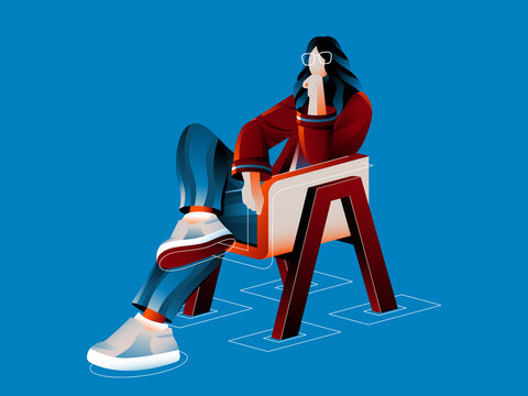 Abstract business woman illustration sitting on a chair and thinking.