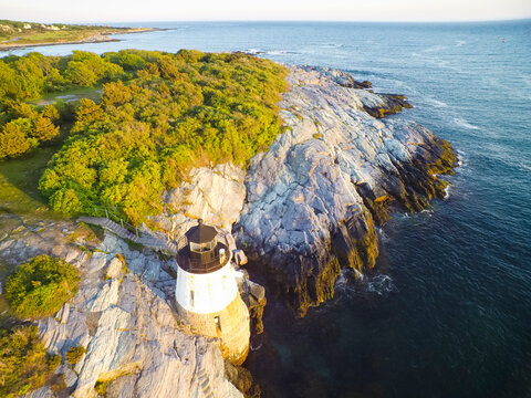 Aerial view of lighthouse on rock