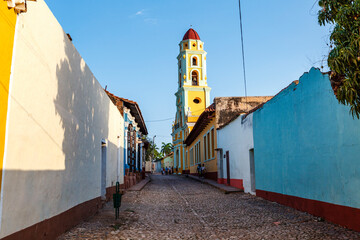Colorful bell tower of St Francis church, Trinidad, Cuba, Caribbean