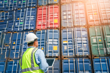 Engineer wears PPE checking container storage with cargo container background at sunset. Logistics global import or export shipping industrial concept.