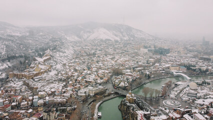 Snowy City Tbilisi Aerial View