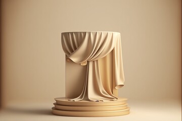 Display podium, beige background with pedestal and beige color silk cloth
