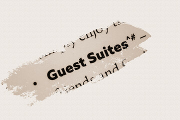 Guest Suites in English vocabulary language words phrase with bullet point all in sepia