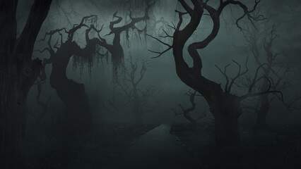 Unheimlicher Wald mit krummen Bäumen im Nebel