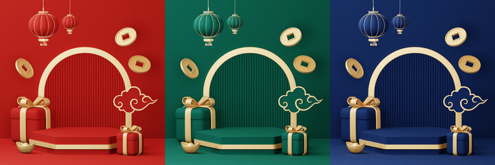 Chinese New Year celebrations , Festive gift card templates with realistic 3D design elements, holiday banners, web posters, flyers, and brochures, greeting cards . 3D Rendering