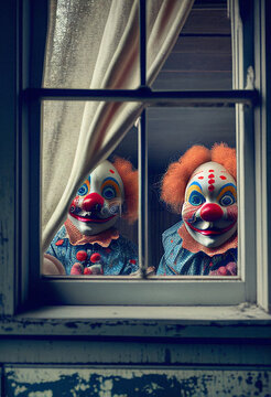Scary Clowns Peeking Out Window - Generative Ai