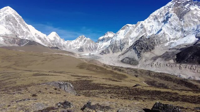 Everest, Nepal: 360 Panoramaic view of the Khumbu valley to Gorak Shep and the Everest base camp in the Himalayas in Nepal with the glacier, Mt Pumori, the research pyramid, Lobuche and Mt Nuptse. 