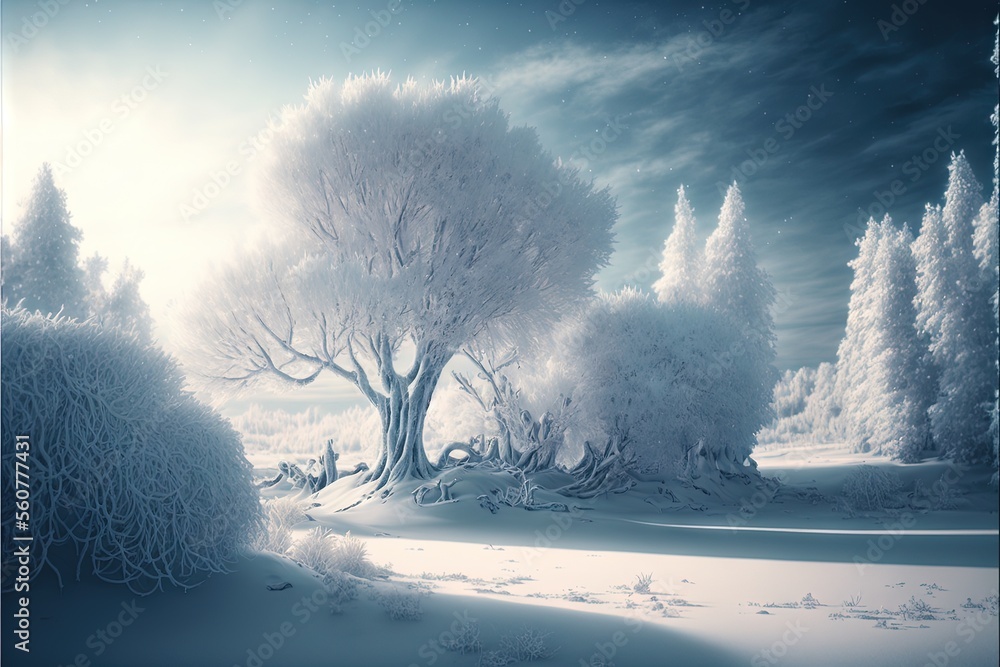 Aufkleber a snowy landscape with a tree and bushes in the foreground and a blue sky in the background with sta