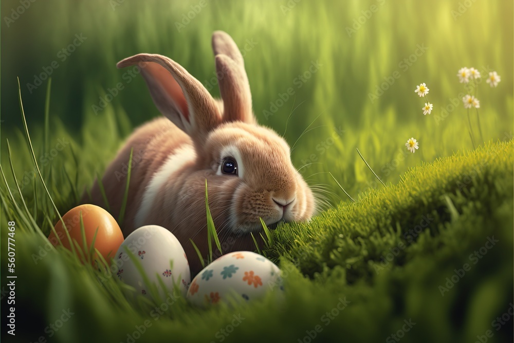 Poster a rabbit is sitting in the grass with eggs in it's mouth and looking at the camera with a smile on i