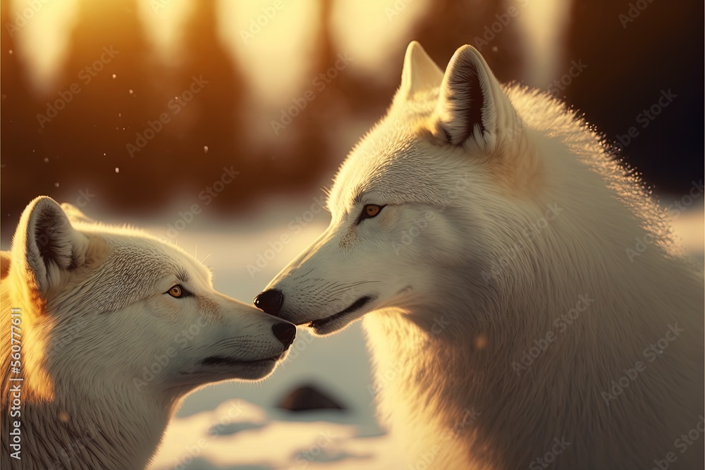 Poster two white wolfs are facing each other in the snow with trees in the background and sunlight shining 