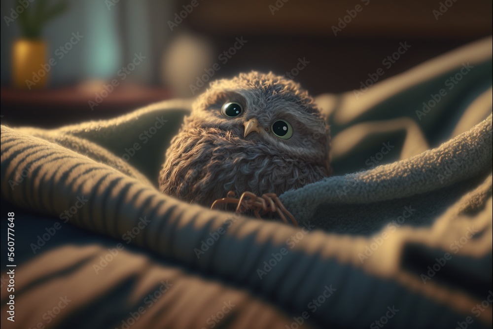 Poster a small owl is sitting on a blanket on a bed with a plant in the background and a window in the back
