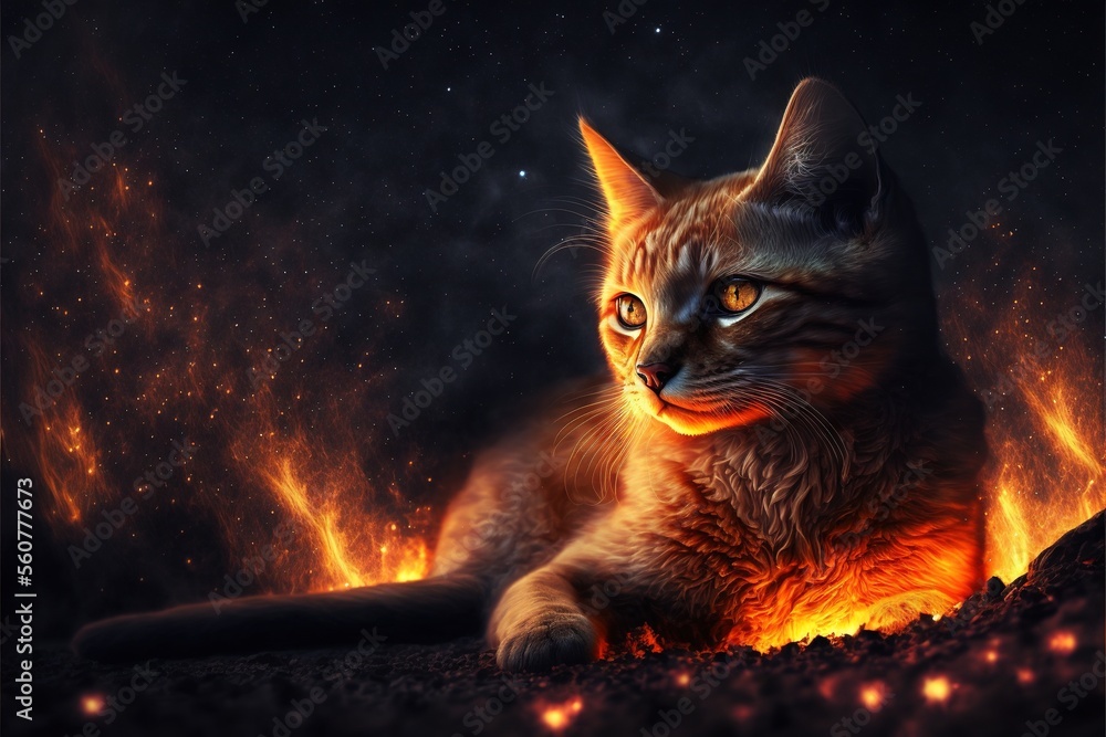 Poster a cat sitting on a bed of fire with a black background and a black background with a red glow of fir