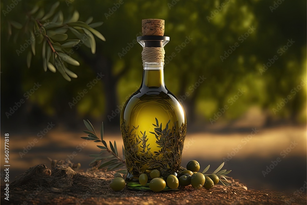 Poster a bottle of olive oil with olives on a table in front of a tree and a dirt ground with a branch of o