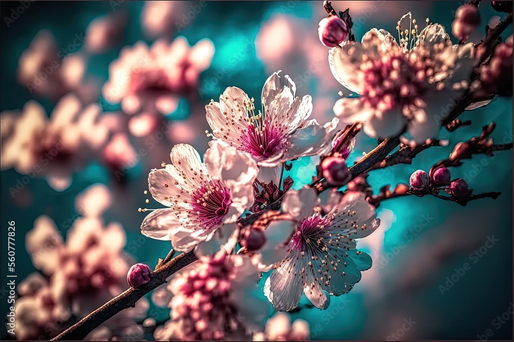 Poster a branch with white and pink flowers on it and a blue background with a blurry background behind it 