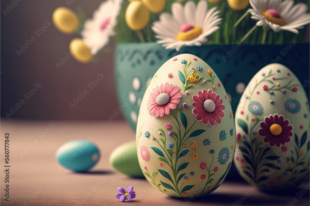 Poster a vase with flowers and eggs on a table next to a flower pot with flowers in it and a few other eggs