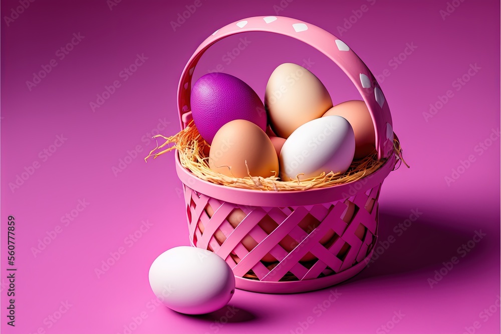 Poster a basket of eggs with two eggs in it on a pink background with a pink background and a pink backgrou