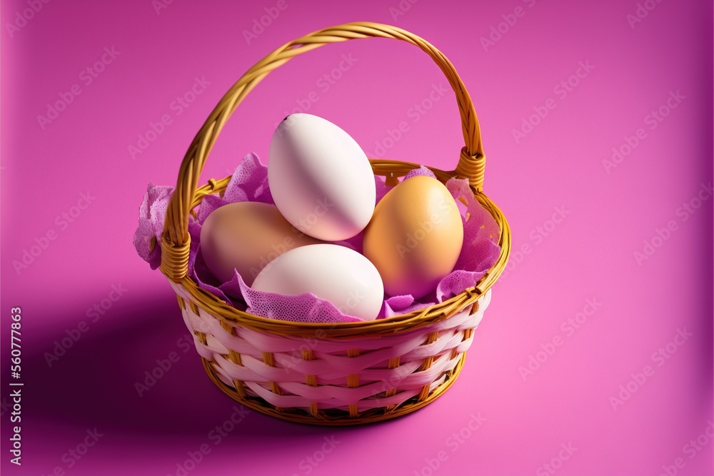 Poster a basket filled with eggs on a pink background with a pink background behind it and a pink backgroun