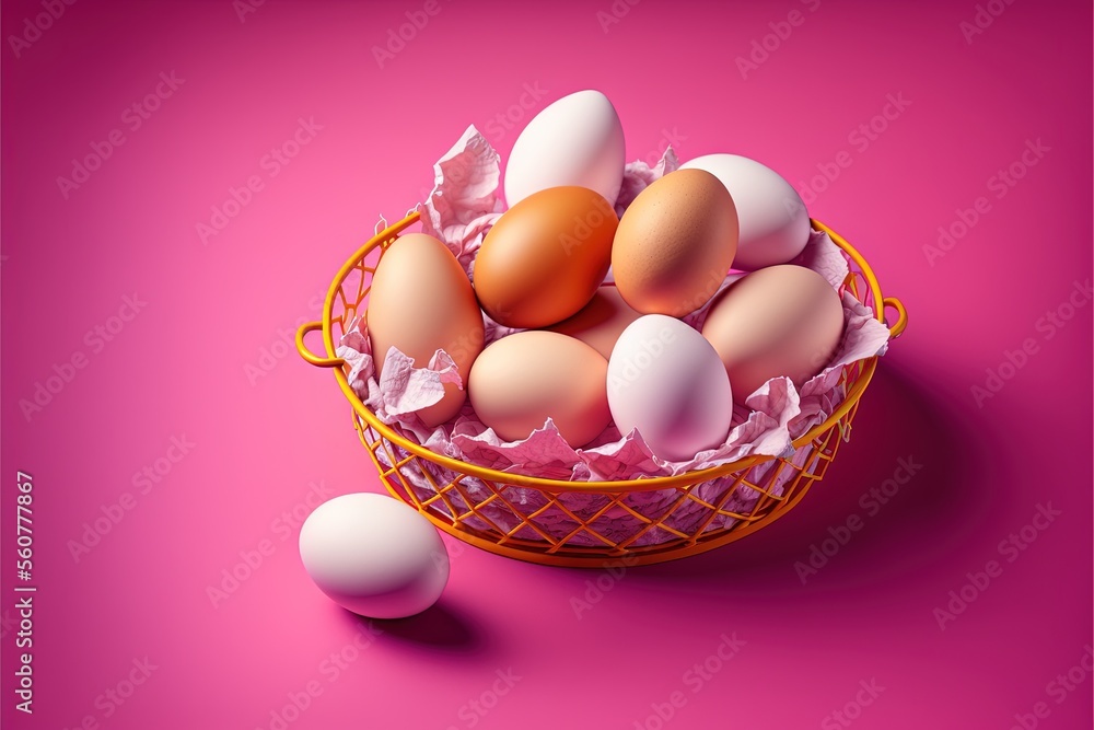 Poster a basket of eggs on a pink background with three eggs in it and one egg laying on the ground next to