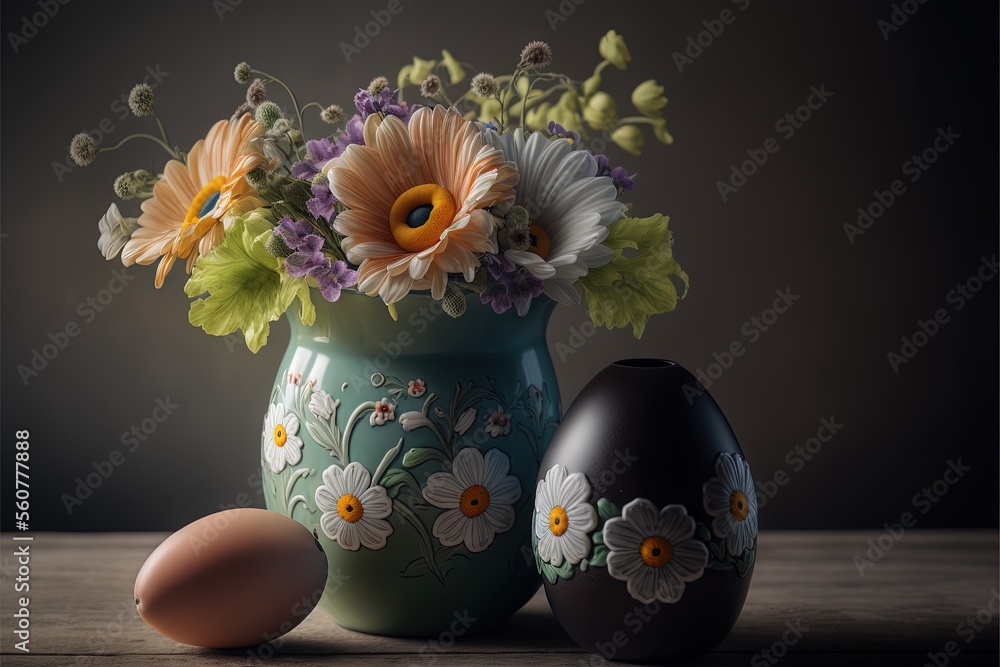 Poster a vase with flowers and two eggs on a table with a dark background and a gray wall behind it, with a