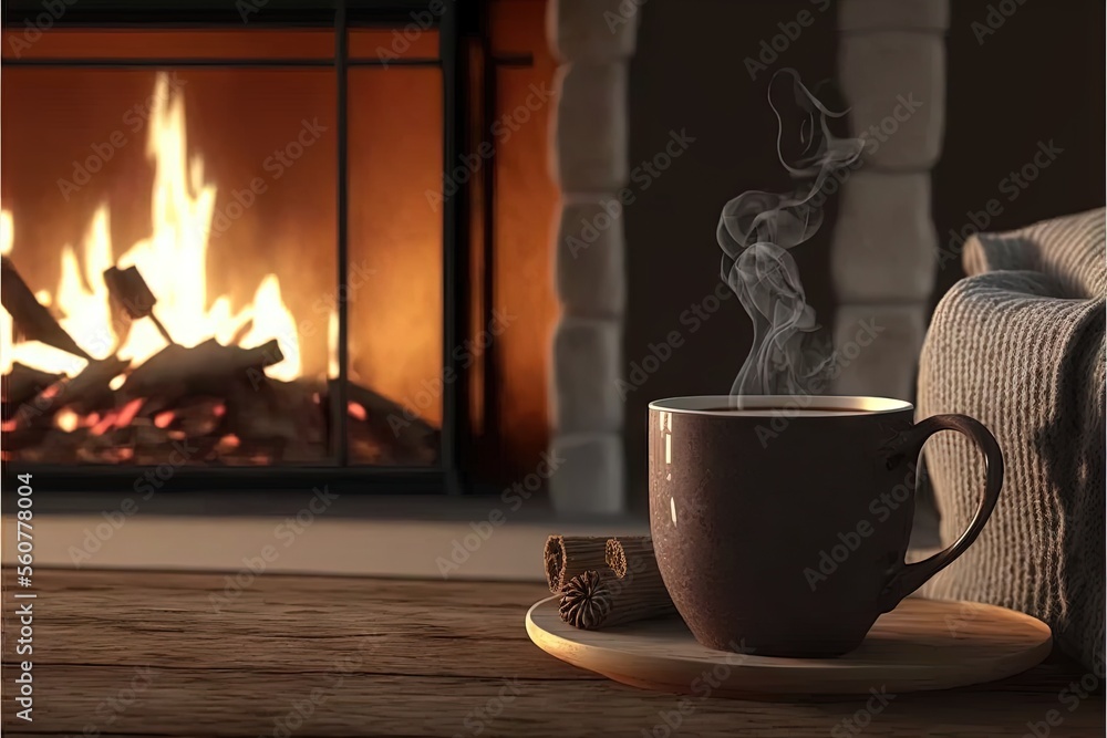 Poster a cup of coffee sitting on a table next to a fireplace with a lit fire in the background and a lit l