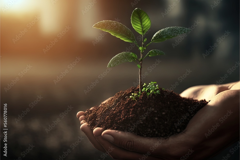 Poster a person holding a plant in their hands with sunlight shining on them and a building in the backgrou