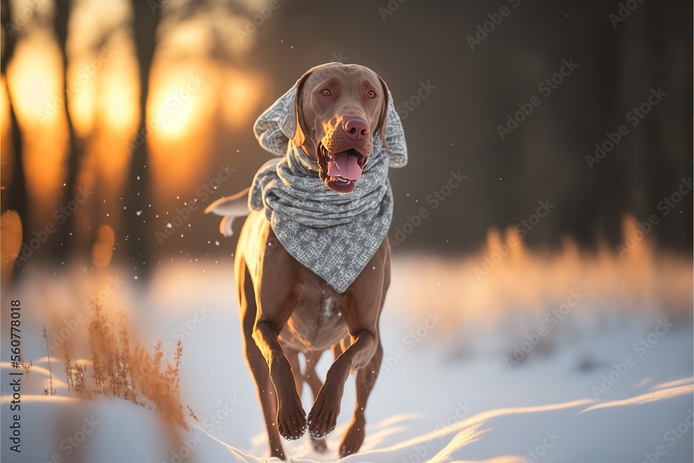 Poster a dog running through the snow in a scarf and bandana with the sun shining behind it and trees in th