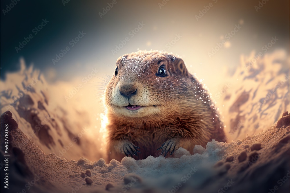 Poster a groundhog is standing in the snow looking up at the camera with a smile on its face and a snowy mo