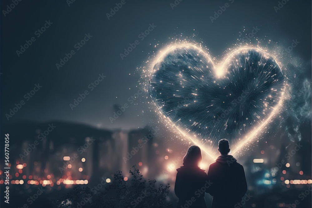 Poster two people standing in front of a heart shaped fireworks display in the night sky with a city skylin