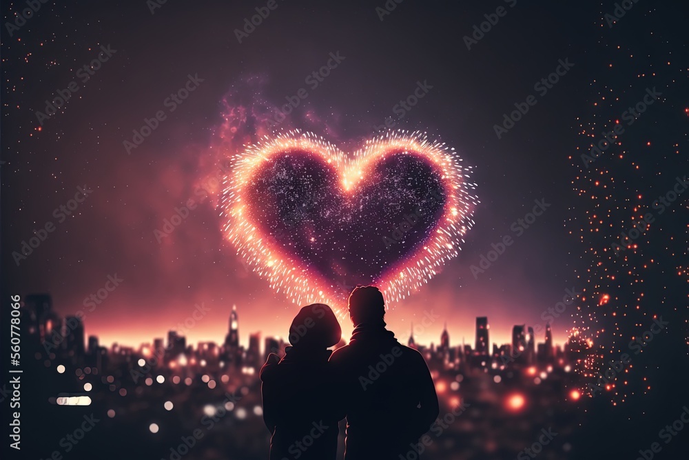 Poster a couple looking at a heart shaped fireworks display in the night sky with a city skyline in the bac