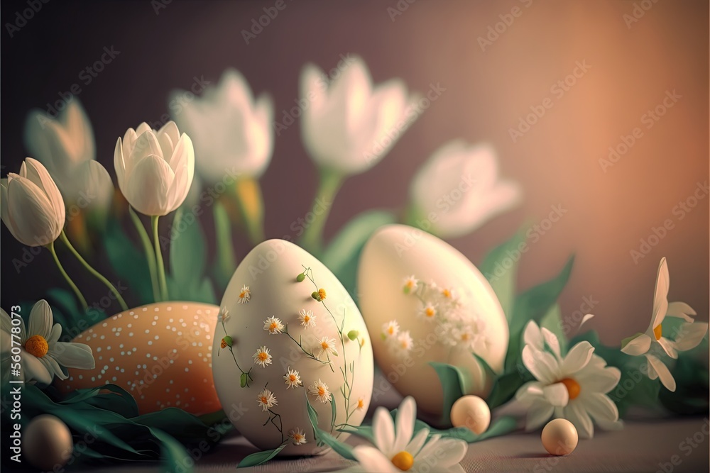 Aufkleber a group of eggs with flowers in the background and a brown background with a light brown background 