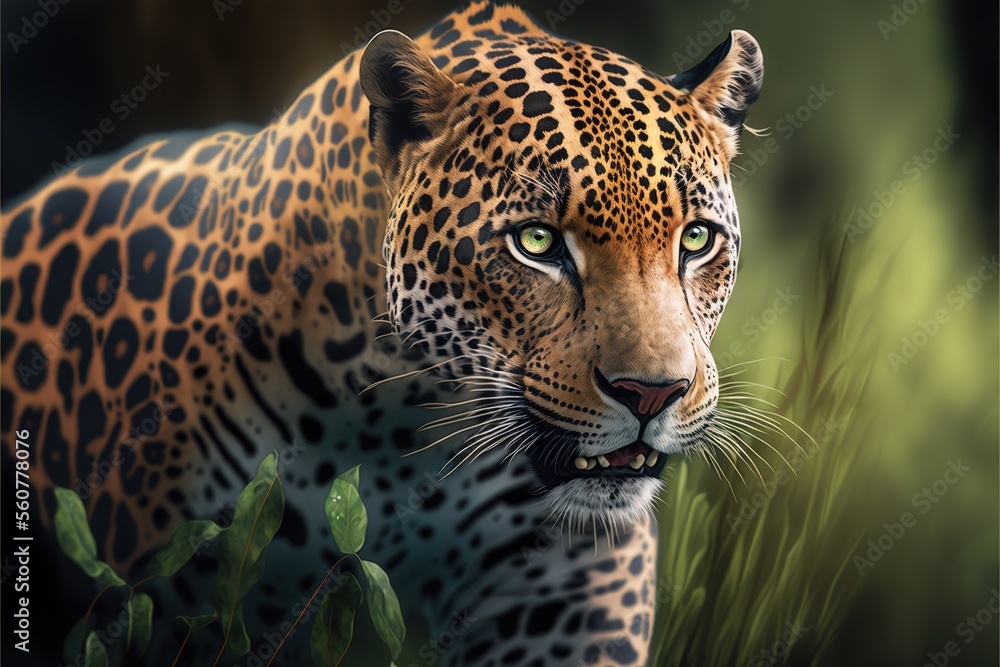 Poster a painting of a leopard in a grassy area with trees in the background and a green background with le