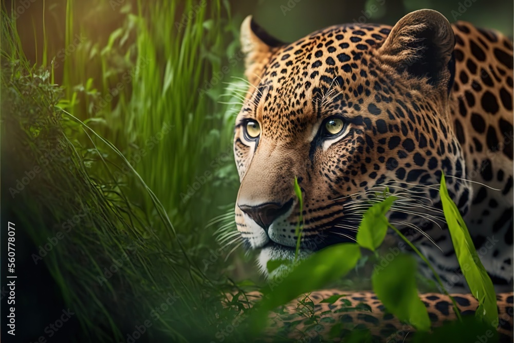 Poster a leopard is sitting in the grass and staring at something in the distance with a blurry background 