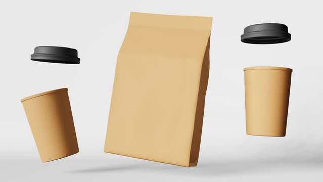 Paper pouch bag coffee cups with lids levitating 3D animation. Coffee shop discount demonstration showcase Floating hot beverages sale. Cafe branding promo design Flying blank packaging label template