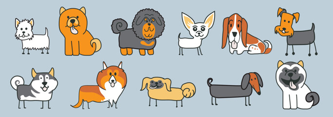  Pattern of many different dog breedmalamute, fox terrier, mastiff, shar pei, chihuahua, spitz: laika, husky, collie, scottish shepherd, dachshund, pekingese