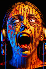  Art illustration of a woman wearing headphones covered by colorful abstract fluid shapes - generative ai