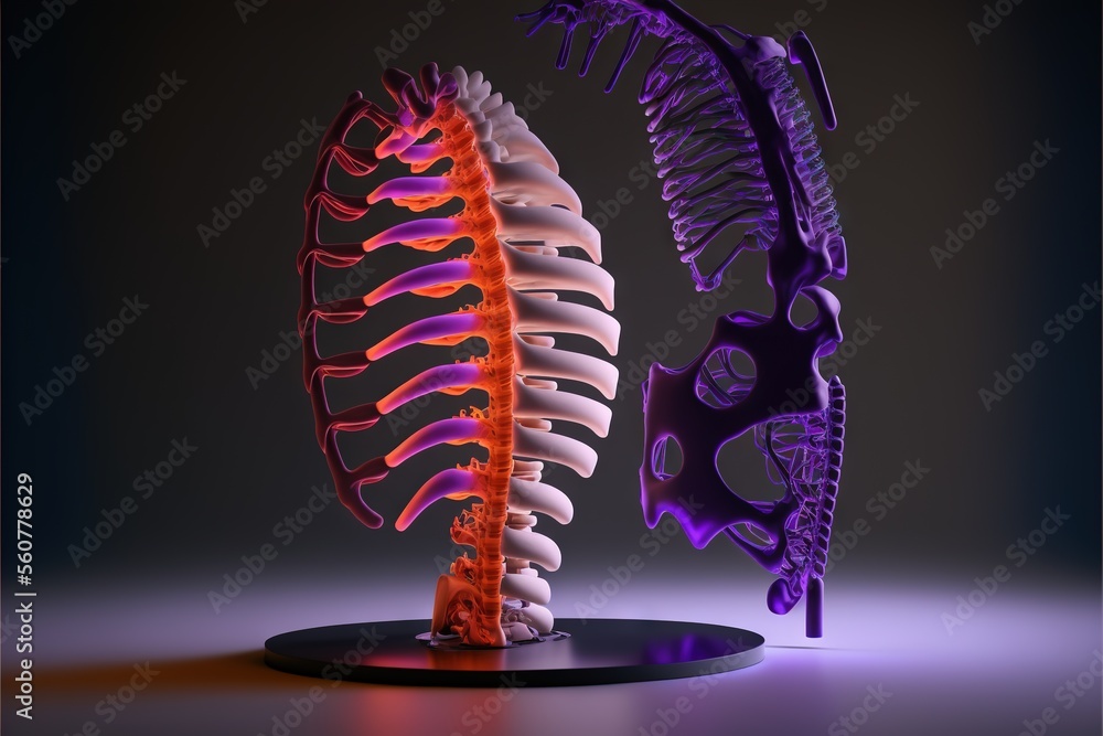 Poster a skeleton and a fish skeleton on a stand in a dark room with a black background and a purple light 