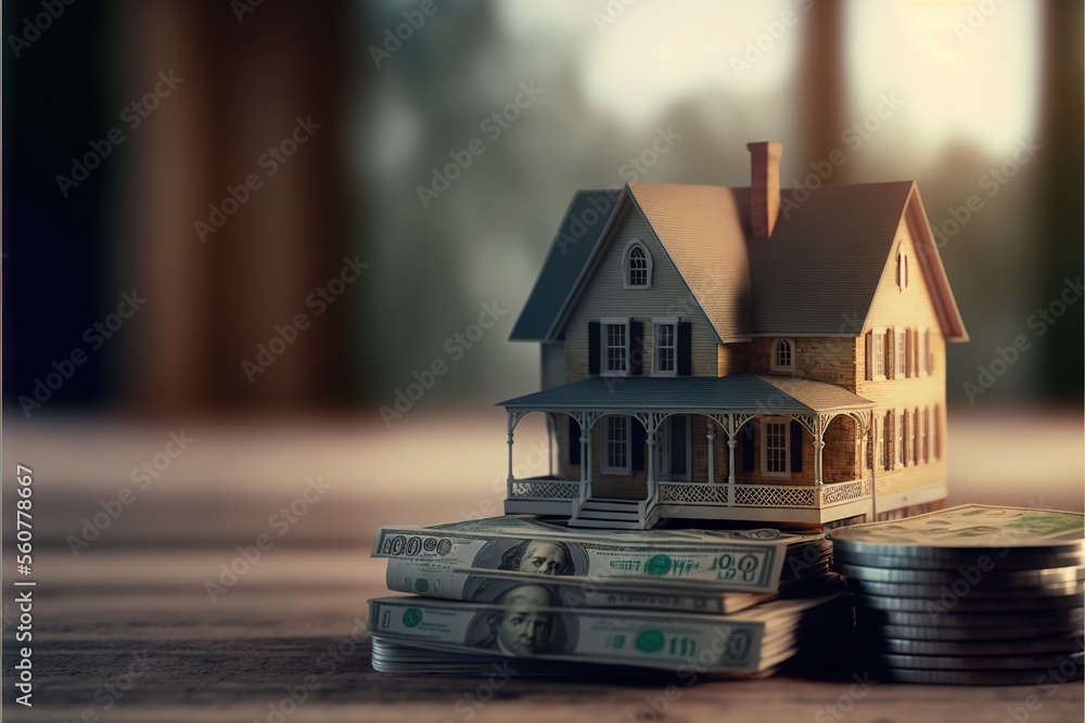 Poster a house sitting on top of stacks of money on a table next to a stack of stacks of money on top of a 
