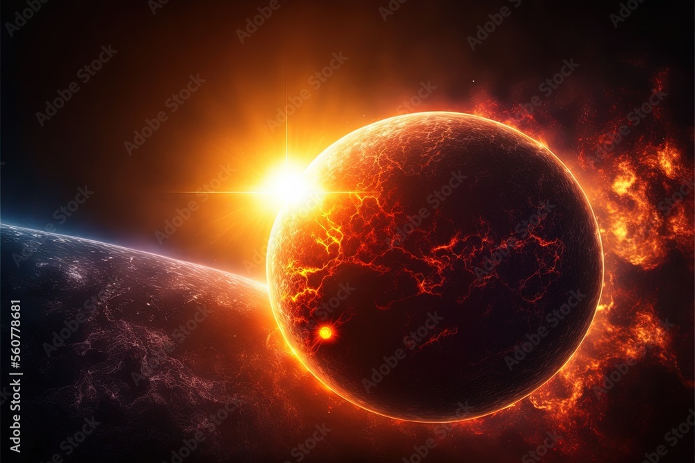 Poster a sun eclipse over a planet in space with a black background and a red and yellow star in the center