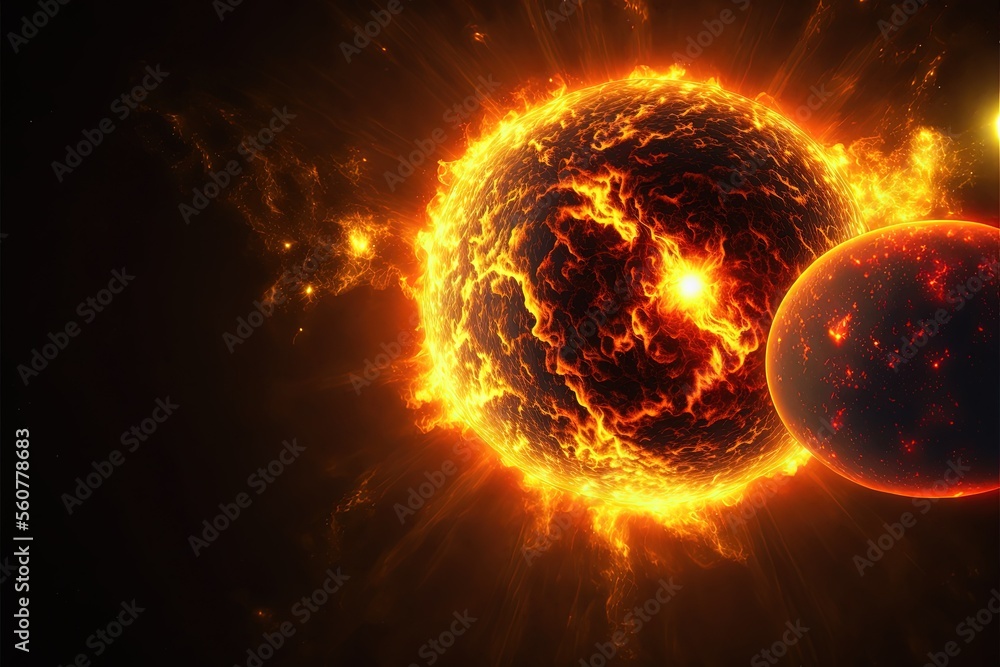 Poster a sun and a planet in a black background with a bright light source in the center of the image and a