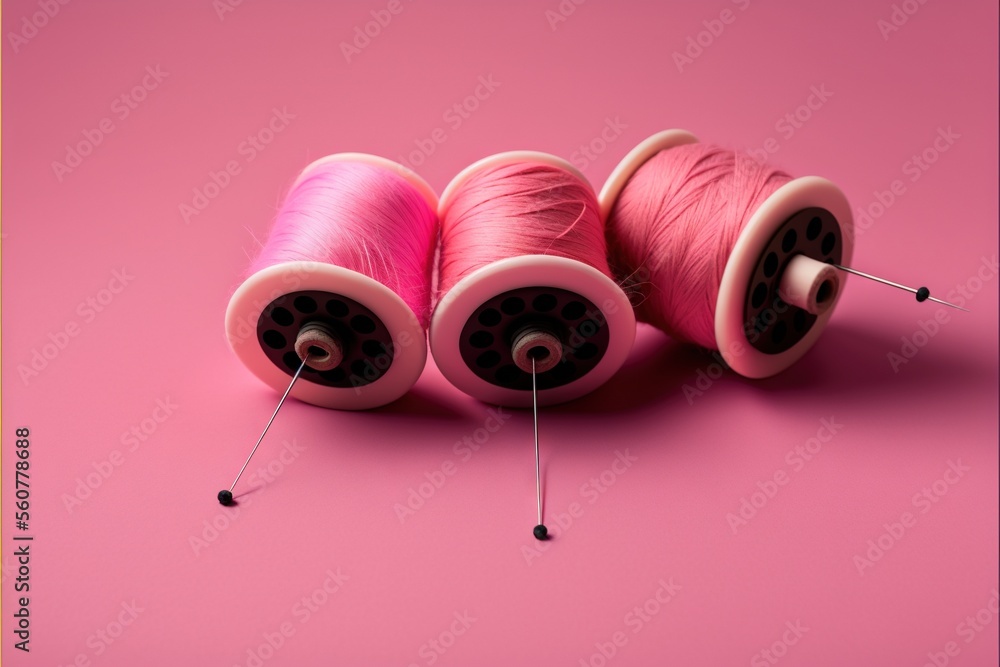 Aufkleber three spools of thread are sitting on a pink surface with a pink background and a pink background wi