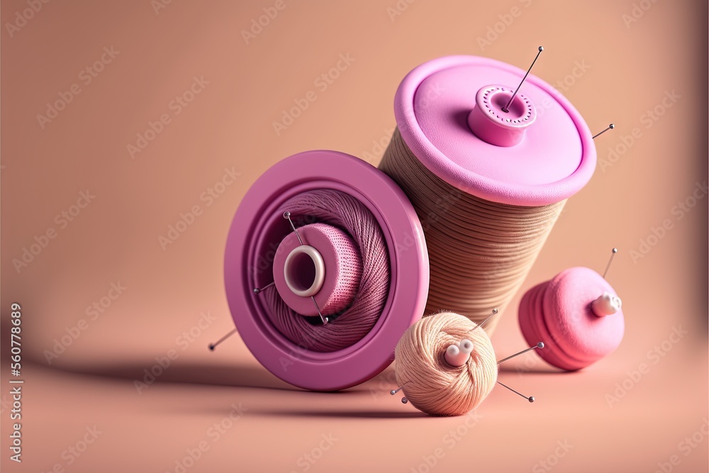 Poster a spool of thread and two spools of thread on a pink background with a pink button and two spools of