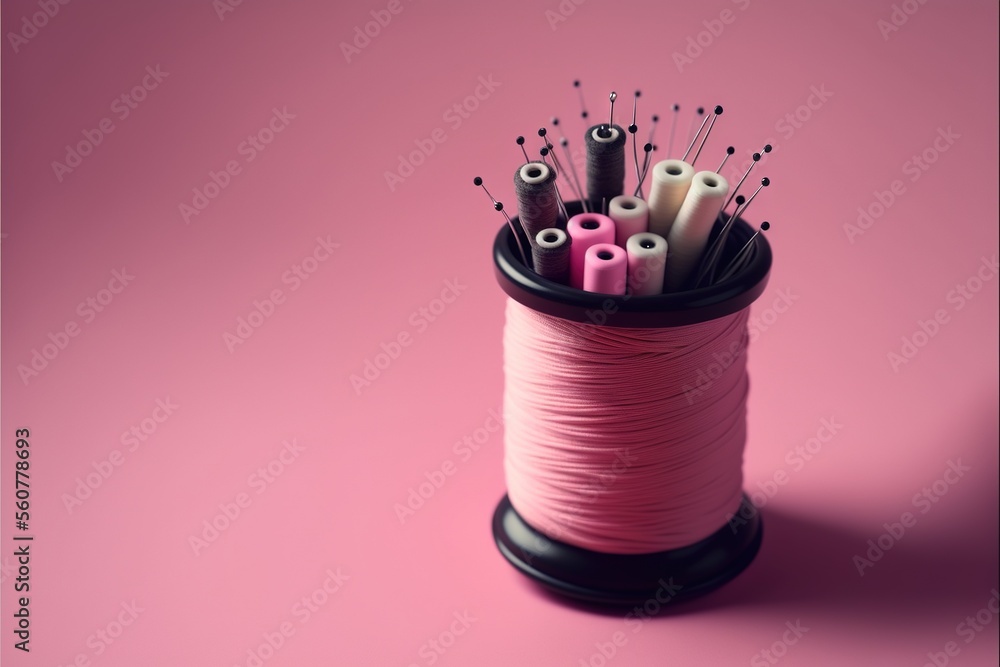 Aufkleber a spool of thread with needles in it on a pink background with a black holder with pink thread and s