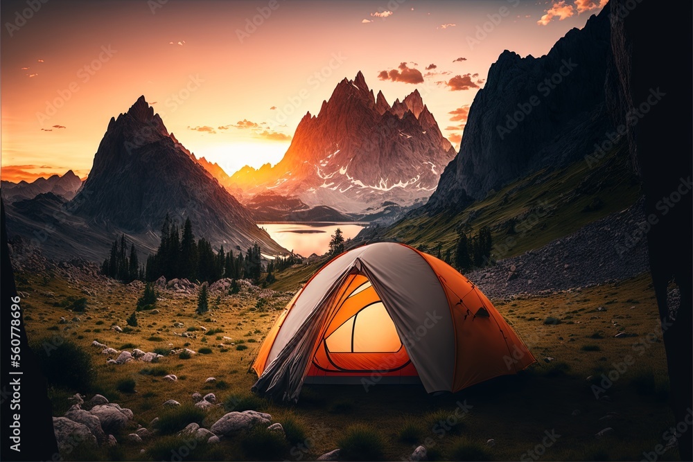 Poster a tent is pitched up in a field with mountains in the background at sunset with a lake in the foregr