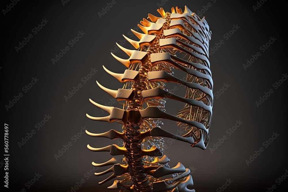 Poster a very large metal skeleton with many different parts on it's back end and sides, with a black backg